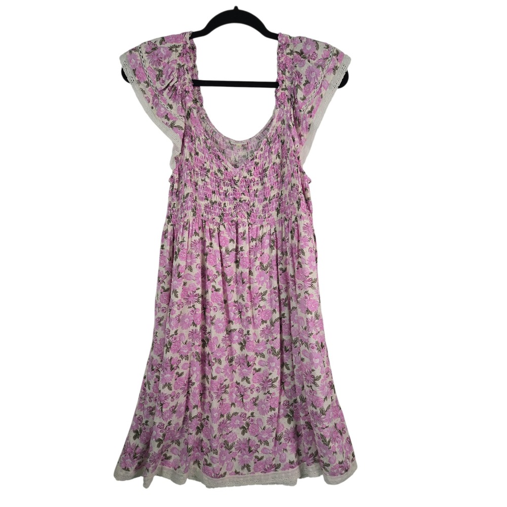 SELF E Pink Floral Smocked Boho Maxi Dress Flutter Sleeve‎ Lace Trim XL